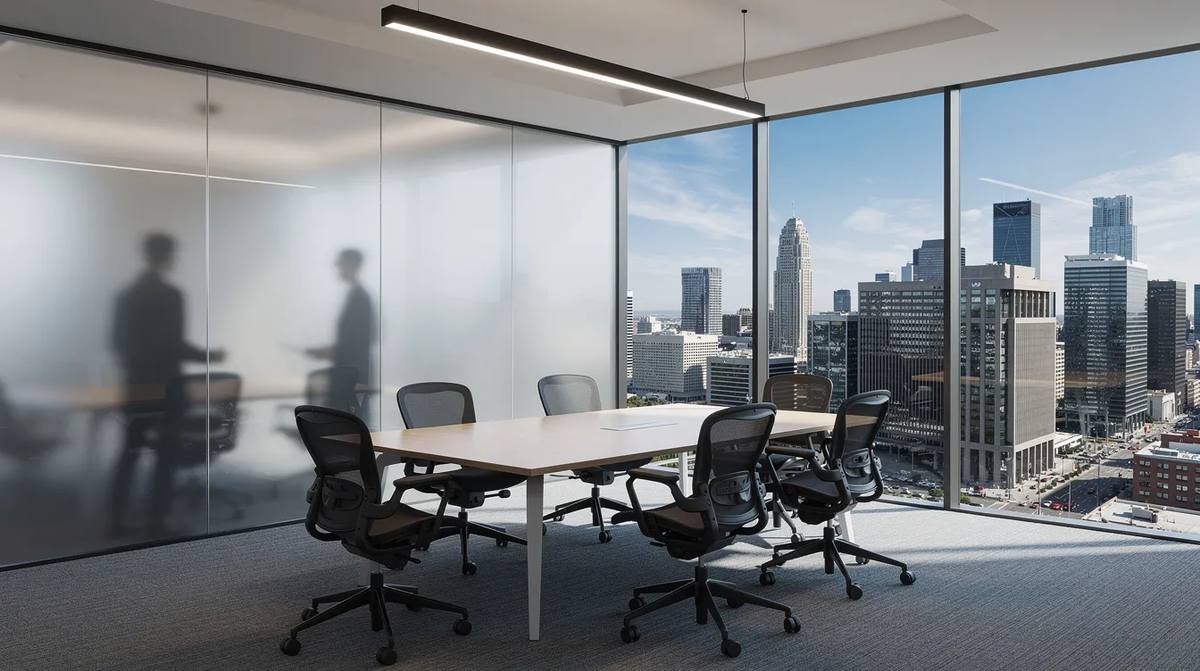 A modern conference room with glass walls and a privacy divider covered with switchable films. The divider can instantly be switched between clear and frosted, depending on the immediate need.