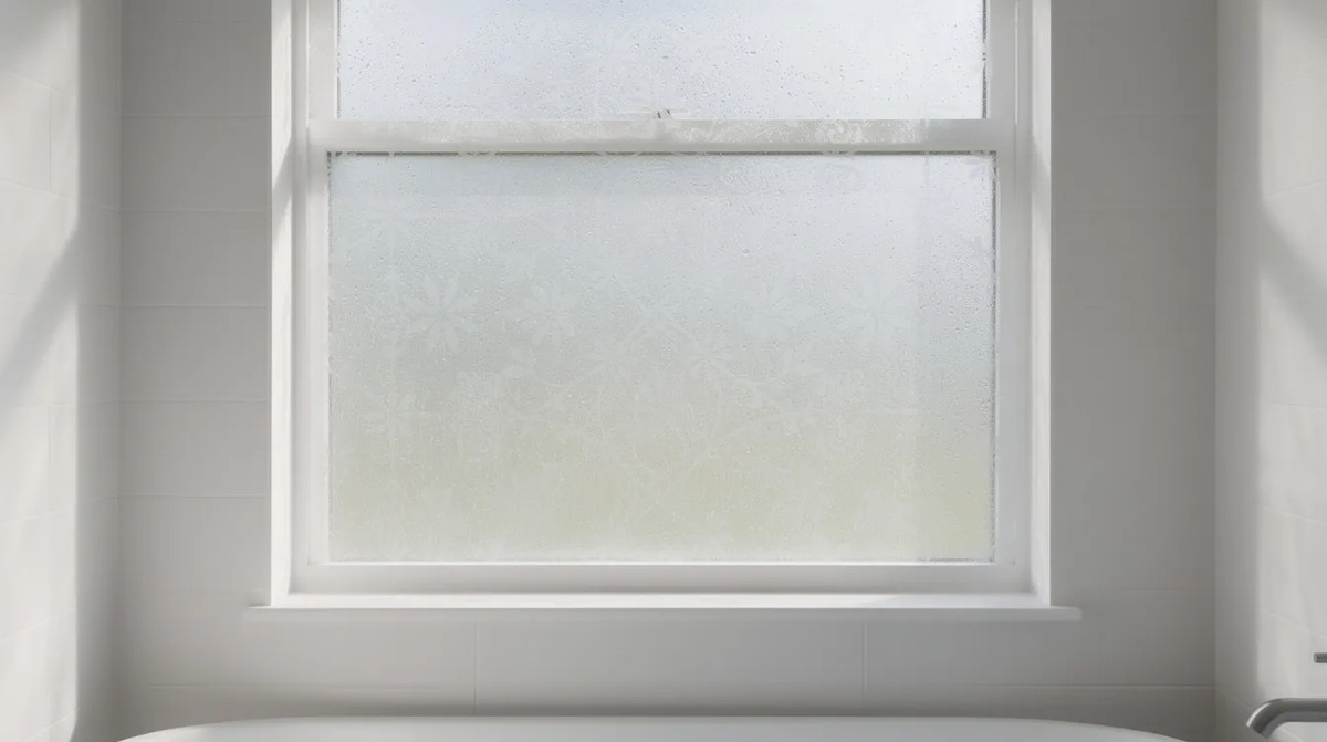 A bathroom window installed with frosted decorative film that allows daylight to filter through while providing privacy. This window film not only enhances the aesthetic appeal but also offers benefits like UV protection and energy efficiency, making it an ideal choice for residential window tinting in Charlotte, NC.
