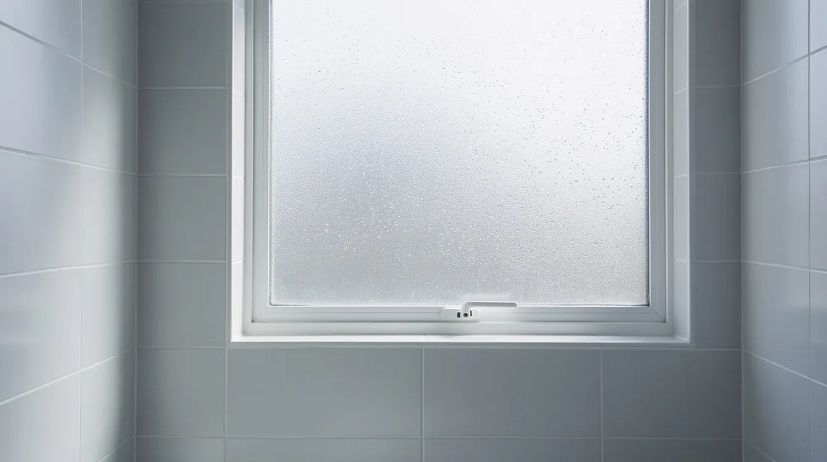 A frosted bathroom window that allows natural light to fill the space without sacrificing privacy. This decorative window film not only enhances the appearance of the bathroom, but also provides UV protection and glare reduction, contributing to comfort and energy efficiency.