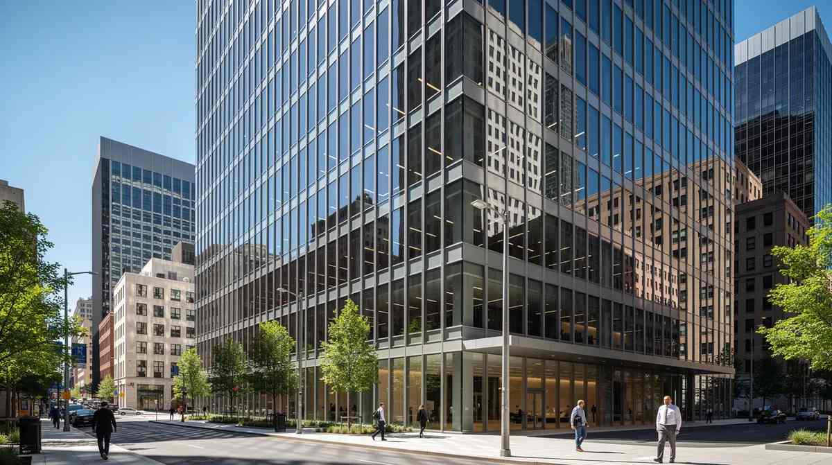A modern glass office building stands tall in a sunny downtown setting, showcasing a clear blue sky above. The building's large windows reflect the vibrant atmosphere, emphasizing the benefits of window film for energy efficiency and sun control in commercial properties.