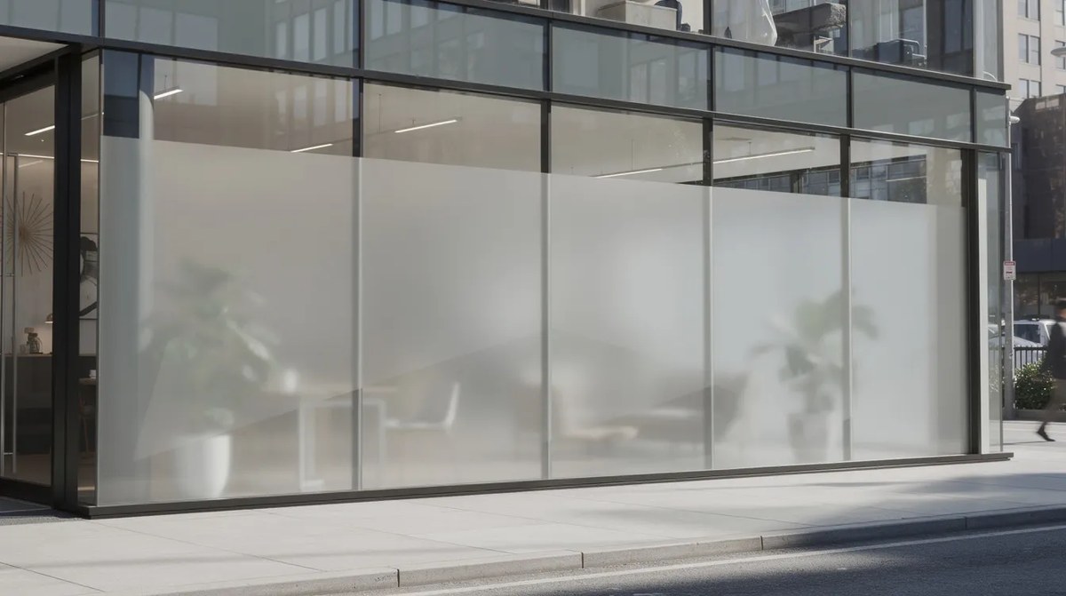 A glass storefront fitted with privacy window film that enhances the aesthetic appeal of the commercial space and provides UV protection and glare reduction.