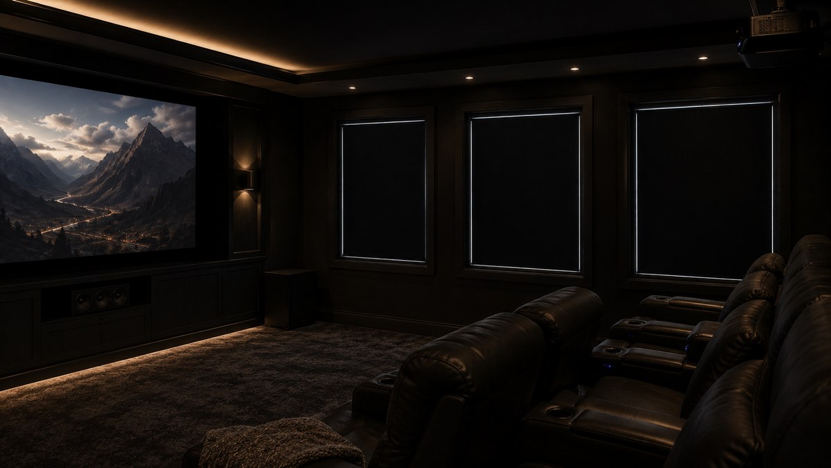 A cozy home cinema with blacked out windows.