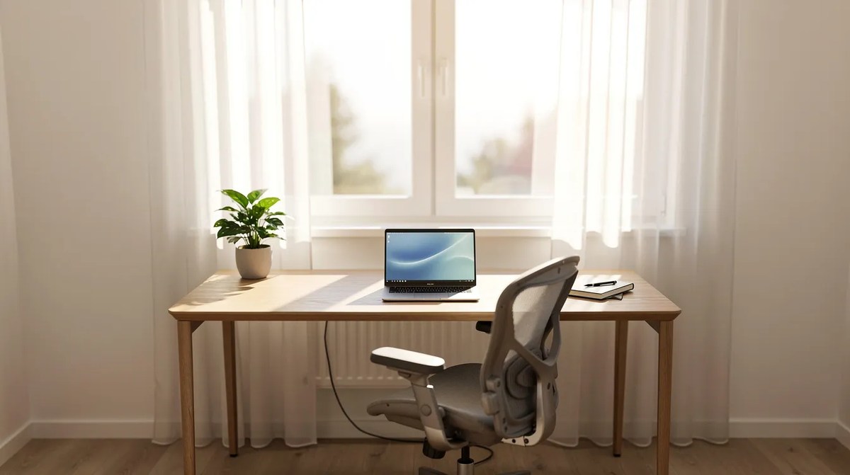 A home office desk under a bright window, allowing soft daylight to illuminate the space while providing a comfortable indoor environment. The window has transitional film, offering glare reduction and UV protection, and enhancing energy efficiency while allowing the user to enjoy natural light without harmful UV rays.
