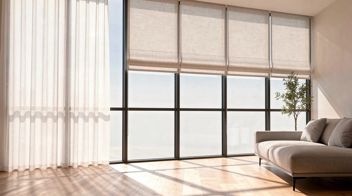 Modern home windows illuminated by sunlight and equipped with photochromic film for windows, offering a soft interior shade that helps control light and reduce glare.