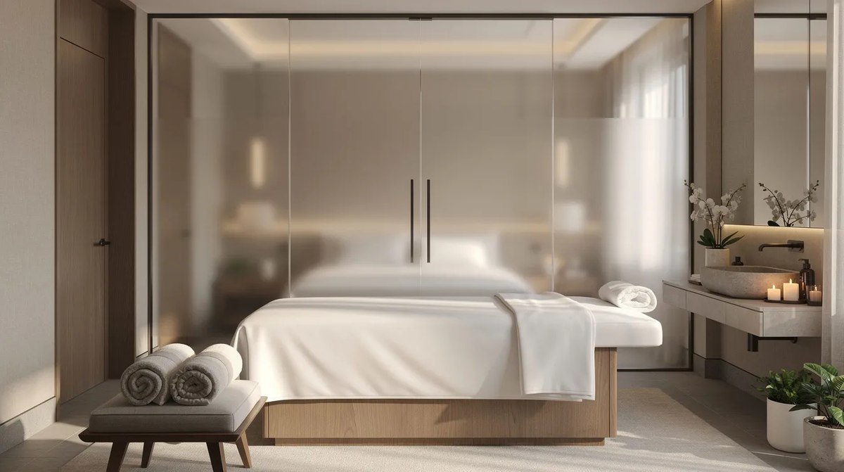 A luxurious hotel spa room with a frosted smart glass partition that provides privacy. The intelligent glass surface can switch between opaque and transparent states, enhancing the serene atmosphere of the space.