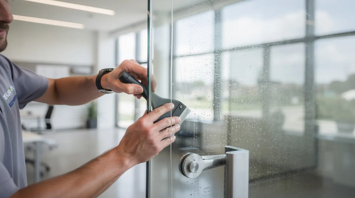 A professional installer applying clear film to a glass entry door. This window film installation aims to reduce glare and protect against harmful UV rays while allowing natural light to fill the space.
