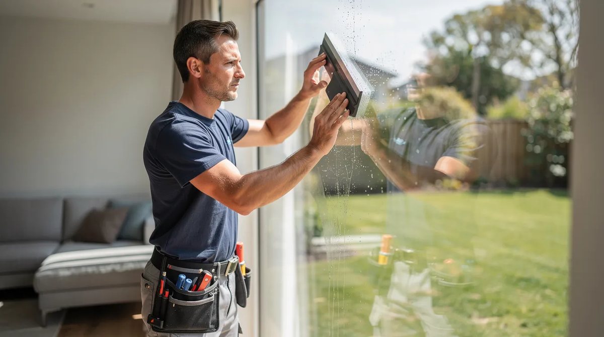 A professional installer applying residential window film to a large window with a squeegee tool. This installation enhances privacy and energy efficiency while protecting against harmful UV rays from the Texas sun in Dallas.