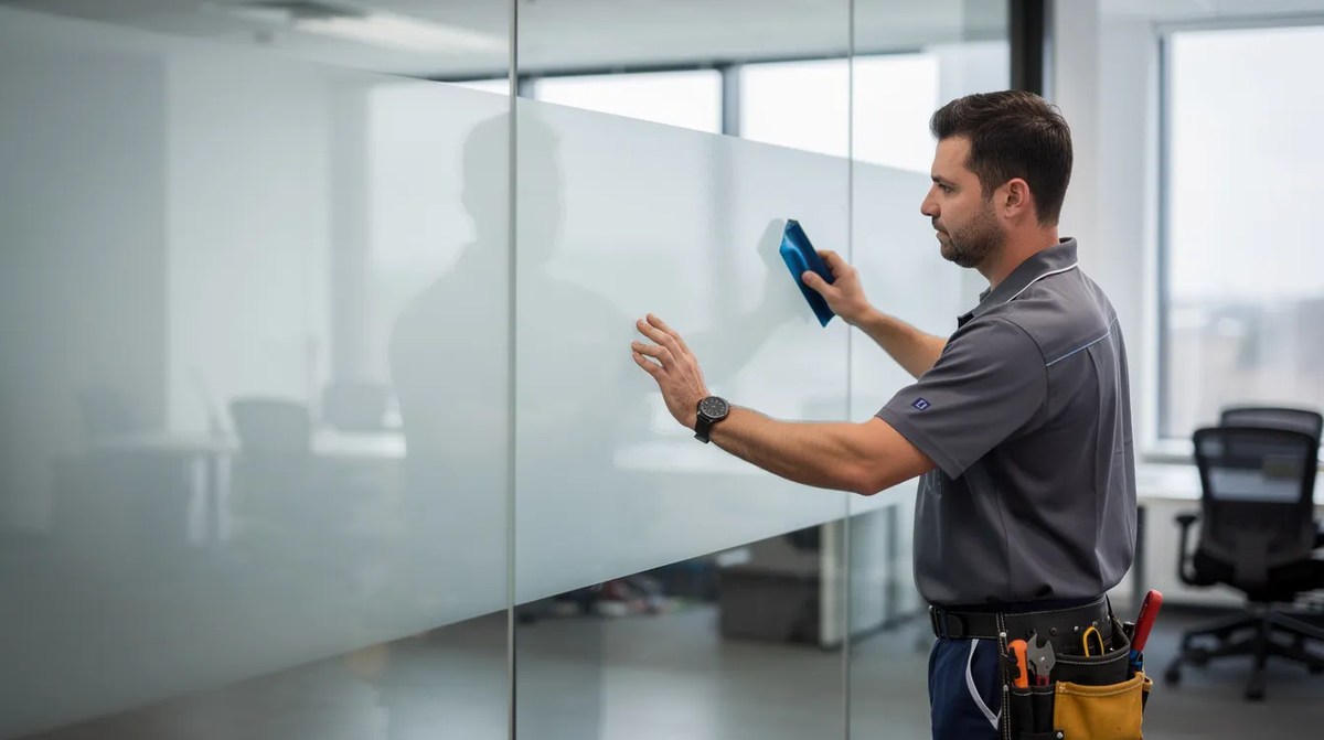 A privacy window film installer checking over a freshly installed frosted window film on a large glass pane.