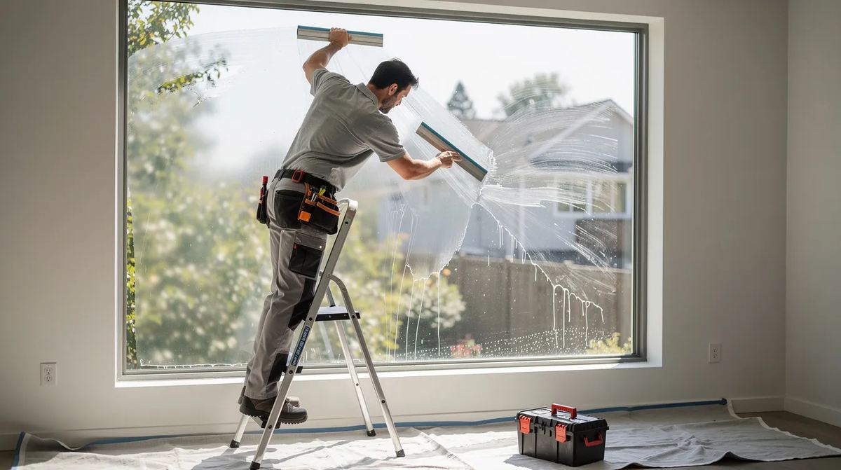 An installer is applying window film on a large residential window with a squeegee for a smooth and clean finish.