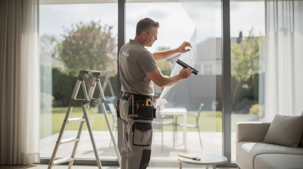 Installer applying security window film to a residential window-opt