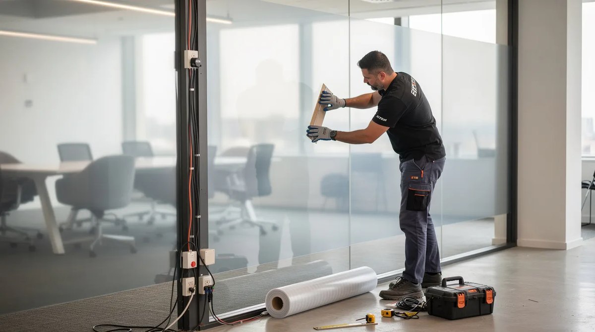 An installer applying switchable films to the window of a conference room.