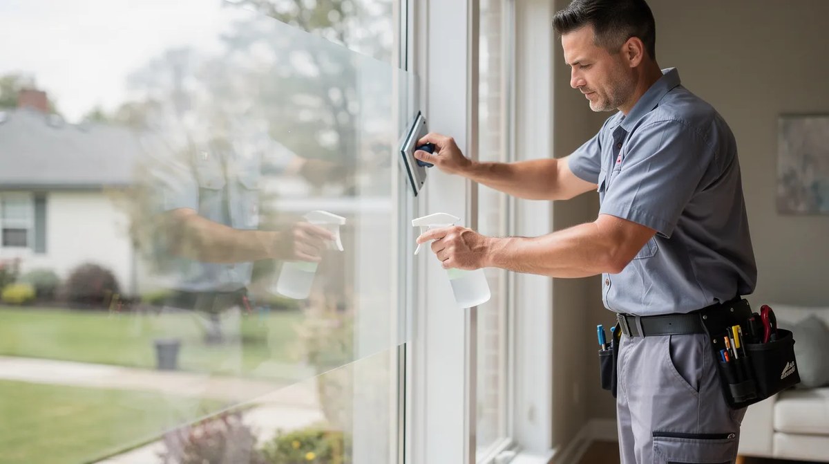 A professional window film installer applying transitional window film to a large residential window, enhancing the home's energy efficiency while providing UV protection from the sun's harmful rays.