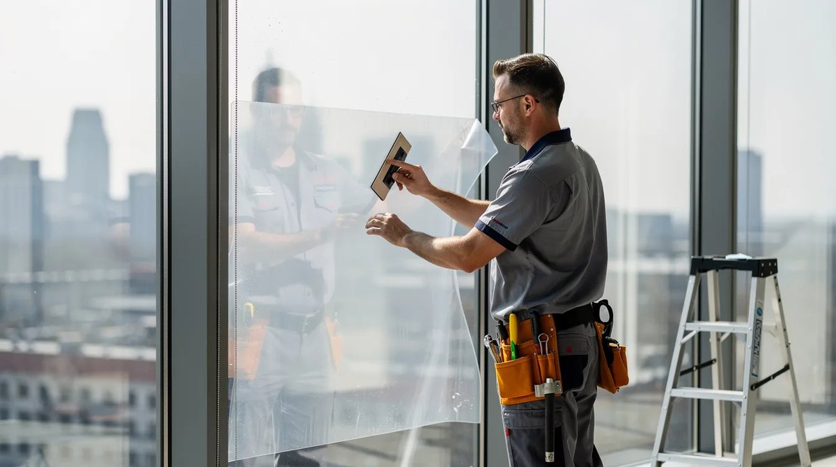 A professional installer applying clear transition film for windows to a large glass window, enhancing the indoor environment by providing UV protection and glare reduction while allowing natural light to enter.