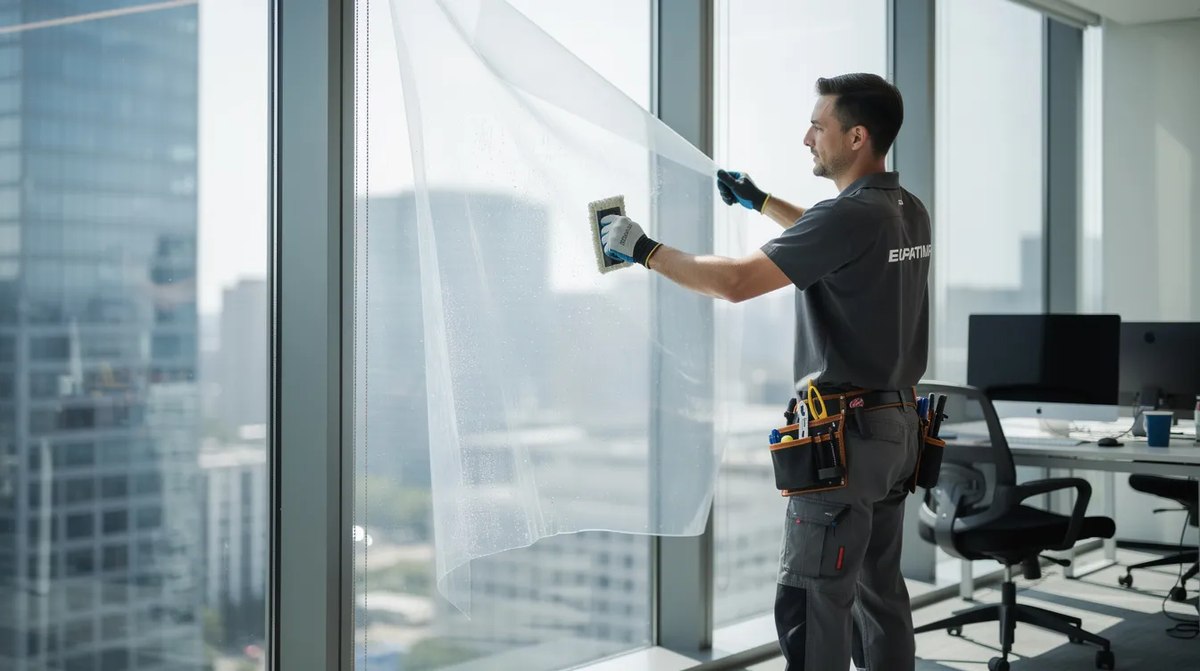 A professional installer applying transitional window film to a large office window, providing UV protection and glare reduction while allowing natural light to enter.