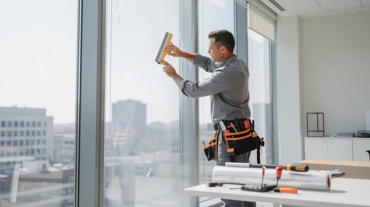 A professional installer applying window film to a large glass window, providing UV protection and glare reduction. This installation in Orlando is an excellent option for increasing energy efficiency and protecting interiors from the harmful effects of the Florida sun.