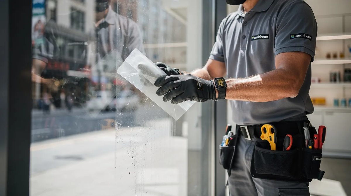 A professional installer smoothing a protective commercial window film onto a large storefront window, enhancing energy efficiency while allowing natural light to filter through.