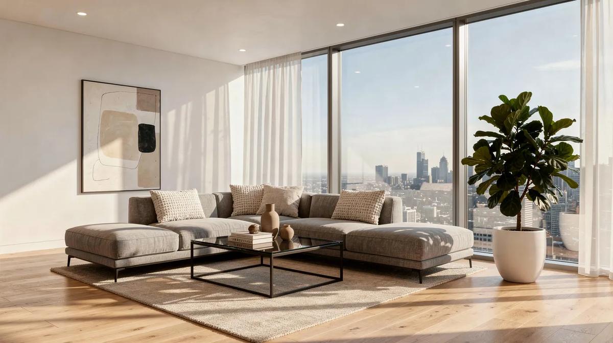 A modern living room with large sunlit glass windows that allow natural light to fill the space. Transition film for windows provides UV protection and glare reduction.
