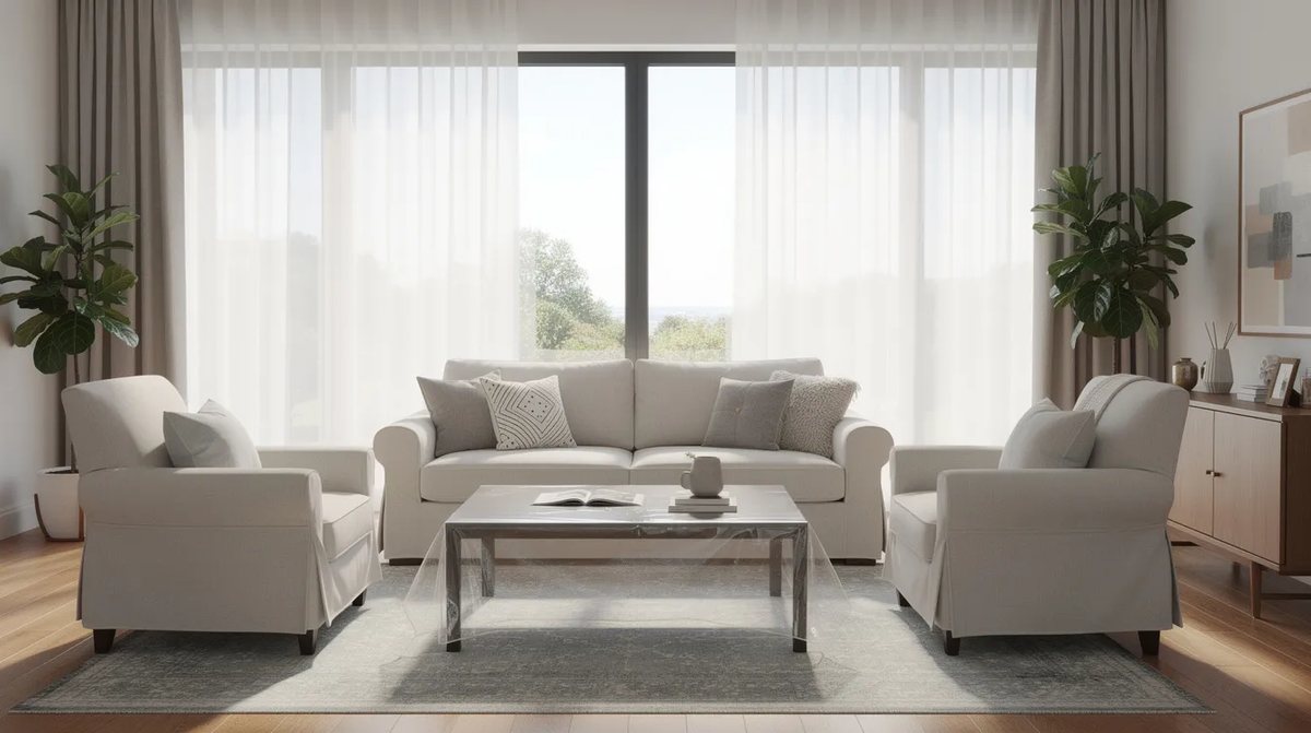 A sunlit living room with large windows protected by security film, ensuring safety and energy savings for the property owner.