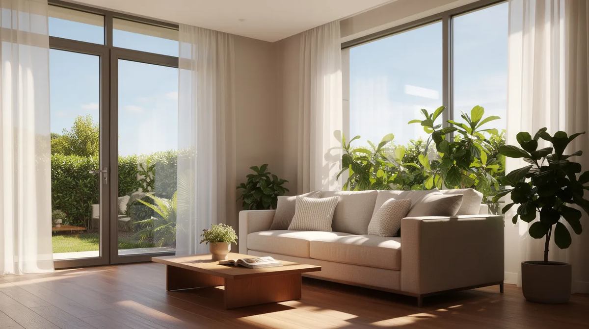 A bright and inviting home with large sunny windows that allow natural light to flood the interior. The windows are enhanced with window film technology for energy efficiency, providing UV protection while maintaining a clear view and comfort.
