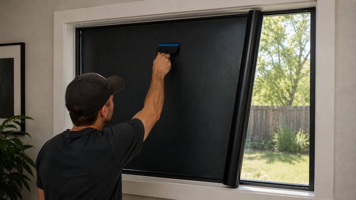 A man applying opaque black window film onto a clean glass window pane with a squeegee tool, ensuring a smooth and bubble-free installation for complete light blockage and privacy.