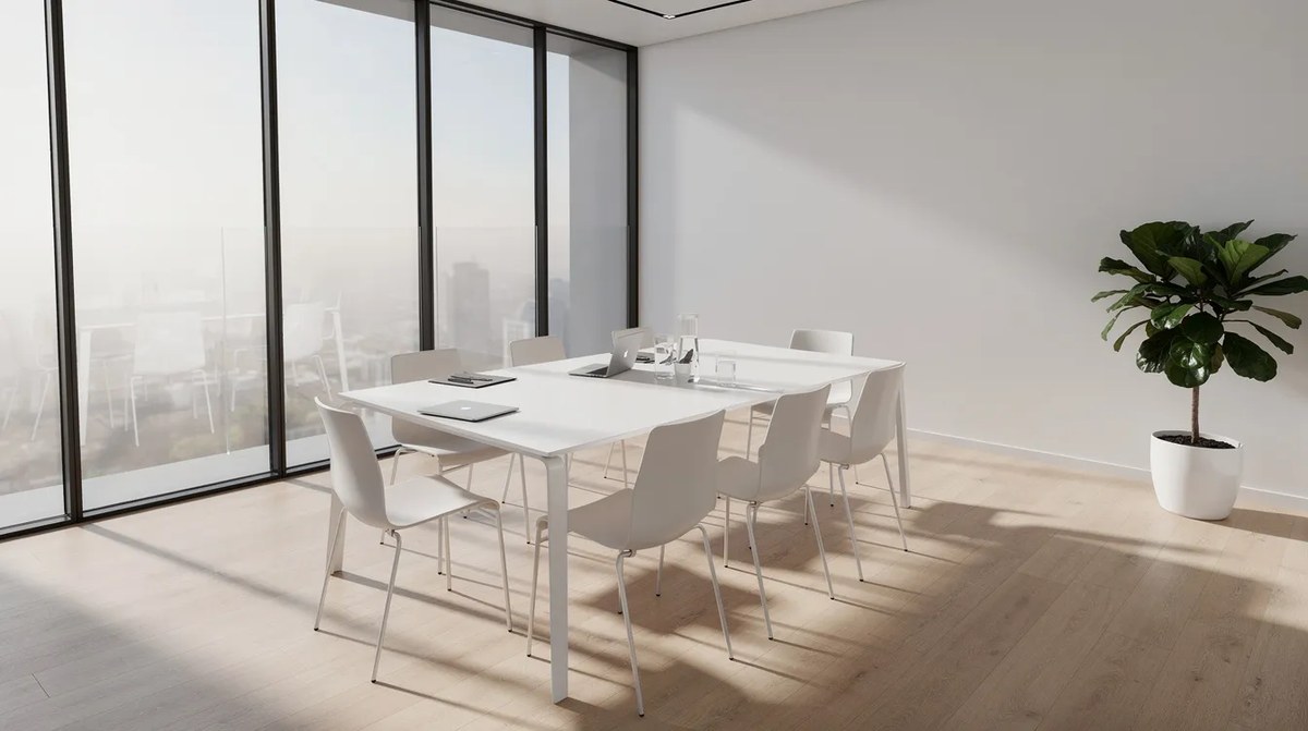 A bright, modern office meeting room with tall glass walls that allow daylight to flood the space. Smart glass technology offers the possibility of instant privacy and light protection at the touch of a button, enhancing both functionality and aesthetics.
