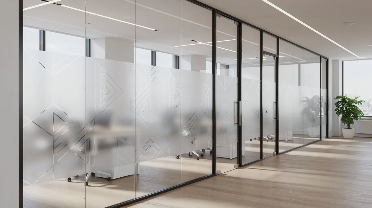 A modern office space with large glass windows featuring decorative frosted window film. The frosted glass film enhances privacy while allowing natural light to filter through.