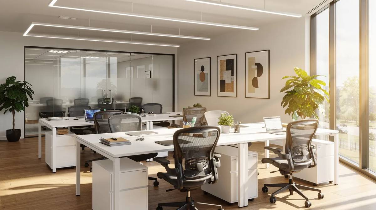 A bright modern office space with large windows and solar control film. This installation enhances energy efficiency and reduces glare, making it an ideal environment for productivity while protecting occupants from harmful UV rays.
