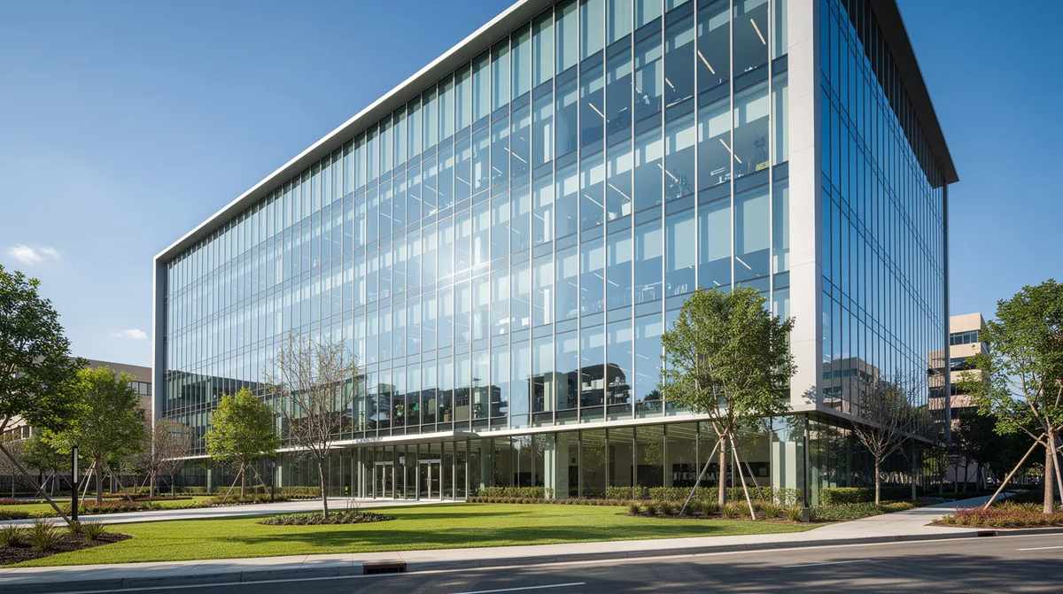A modern commercial office building with large glass windows that reflect daylight while offering energy efficiency and the benefits of commercial window film for reducing glare and harmful UV rays.