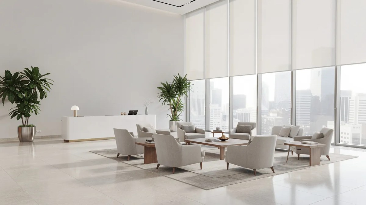 A bright office lobby with comfortable seating arrangements and large glass windows that are shaded to reduce glare and harmful UV rays. This inviting space is designed for commercial properties, enhancing indoor comfort while allowing natural light to filter through, making it an ideal environment for both employees and visitors.
