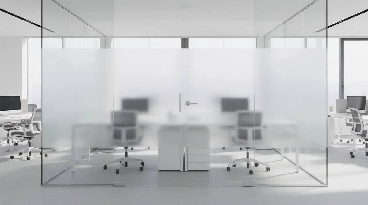 A modern office interior with glass walls that offer both clear and frosted privacy mode, utilizing smart film technology. This switchable film provides users with the ability to control transparency, enhancing privacy while maintaining a sleek aesthetic in commercial spaces.