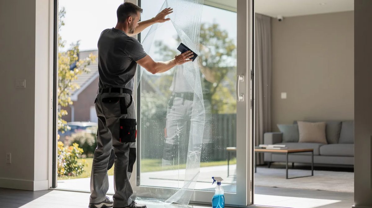 A professional applying window film to a large residential window, enhancing energy efficiency and reducing glare from direct sunlight.