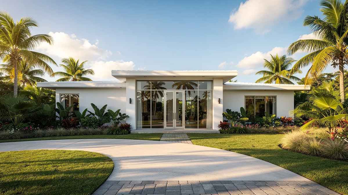 A sunlit residential home exterior in South Florida, with large glass windows. The image highlights the benefits of home window tinting in Boca Raton, which provides both aesthetic appeal and UV protection while enhancing energy efficiency.