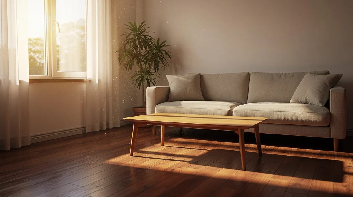 A residential window allowing warm sunlight to filter into a simple lounge, casting soft light across the hardwood flooring. The natural light enhances the interior space while providing a cozy atmosphere, while transition window tint for homes protects the furniture from UV and keeps the room cool.