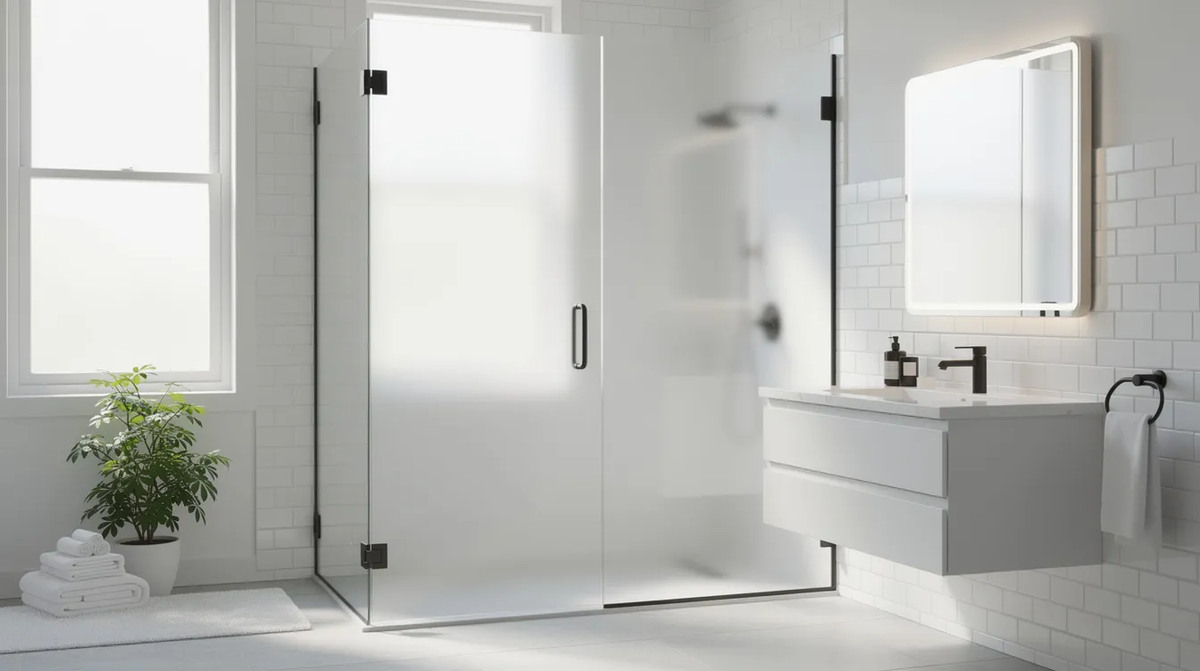 A bright residential bathroom with a large glass shower enclosure covered with switchable privacy film in frosted mode.