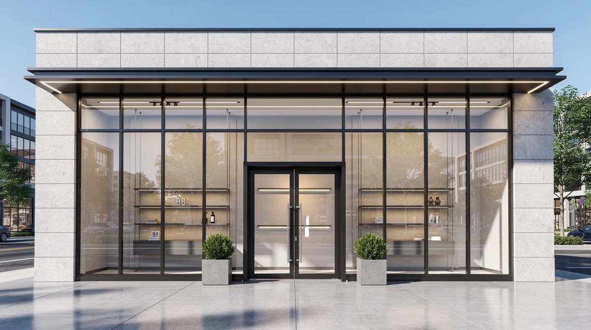 A modern commercial storefront with large glass panels that are protected by security film, designed to withstand break-in attempts and provide safety for the property owner.