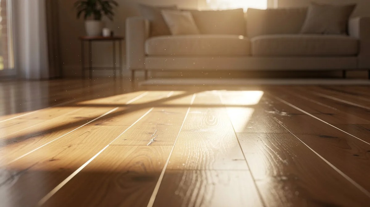 Sunlight streaming through a window, casting warm light onto hardwood flooring, highlighting the benefits of glare reduction and UV protection offered by Coolvu transitional window films.