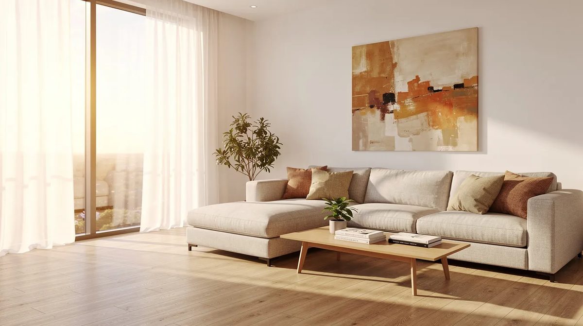 A bright modern living room with large windows that allow sunlight to flood the space, creating a welcoming atmosphere. Transition window tint for homes protects the room from glare and heat.