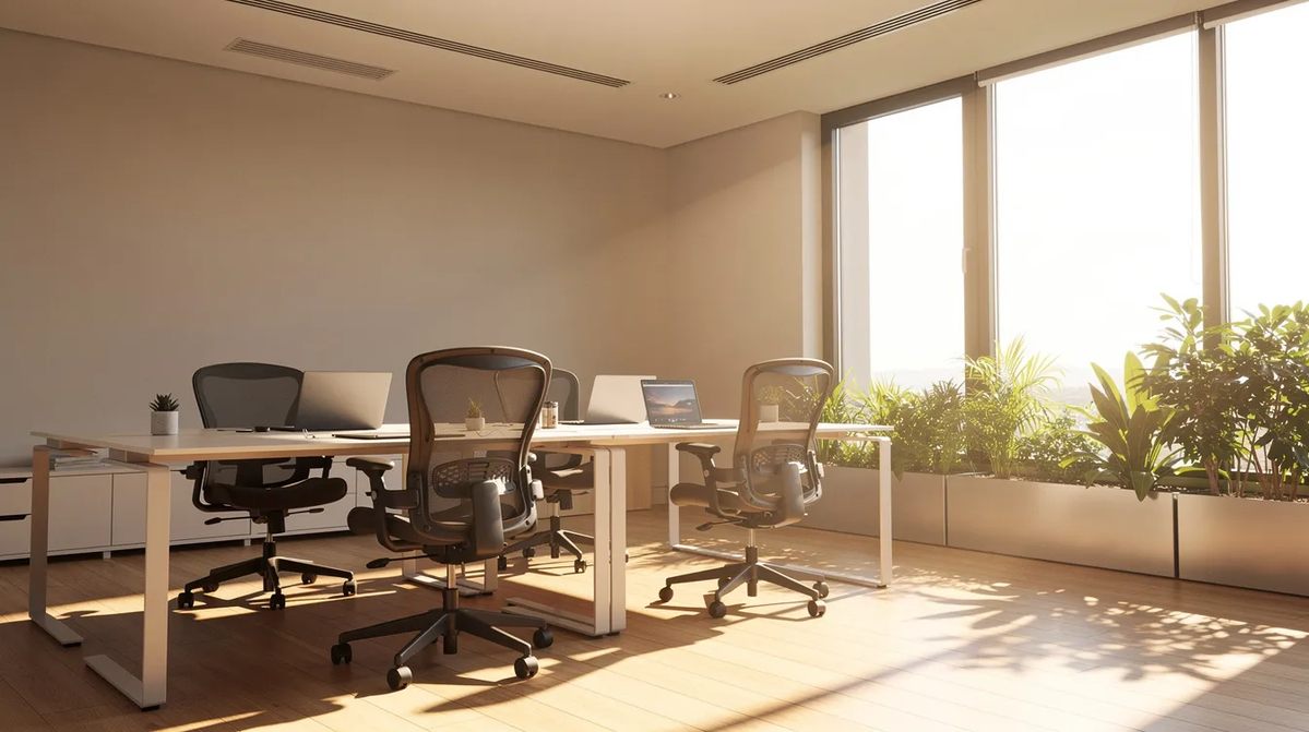 Bright sunlight streaming through a modern office window, highlighting the benefits of energy-saving window film, which helps control glare and protect against harmful UV rays while maintaining an inviting atmosphere.