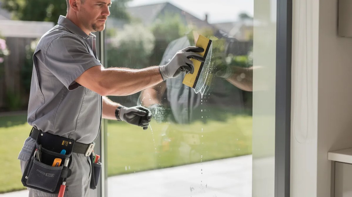 A technician applying residential window film to a large glass pane. The installation will enhance energy efficiency and glare reduction for the homeowner.