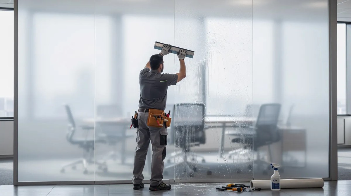 A technician using a squeegee to apply switchable smart film to a large glass panel. This smart film can transform from transparent to opaque, providing privacy and light control for commercial spaces.