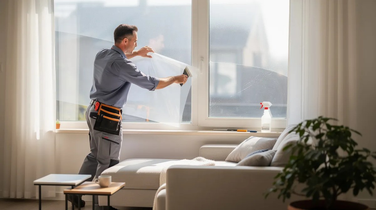 A technician applying clear residential window film to a living room window, enhancing energy efficiency while providing UV protection and glare reduction. Professional home window tinting in Charlotte, NC helps to create a more comfortable and cost-effective living space.