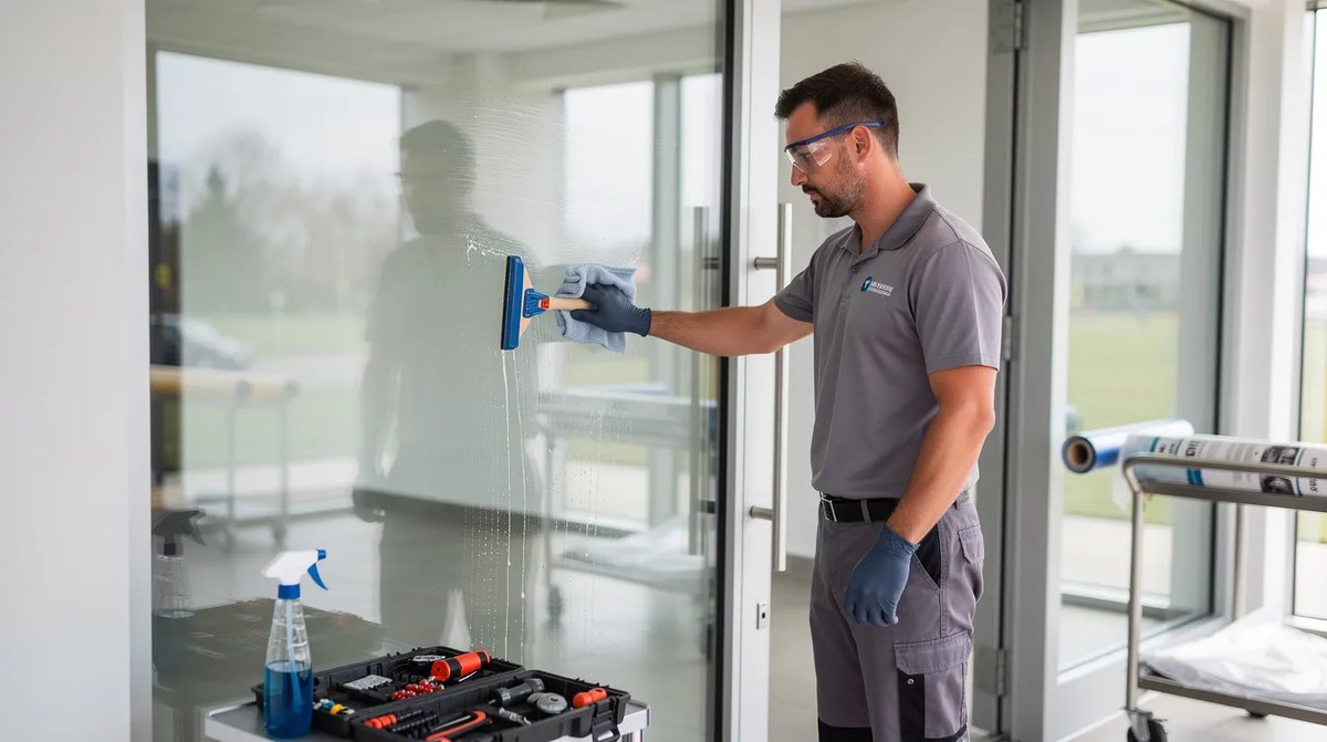 A technician cleaning a glass door in preparation for the installation of security window film, ensuring a clear surface for optimal adhesion.