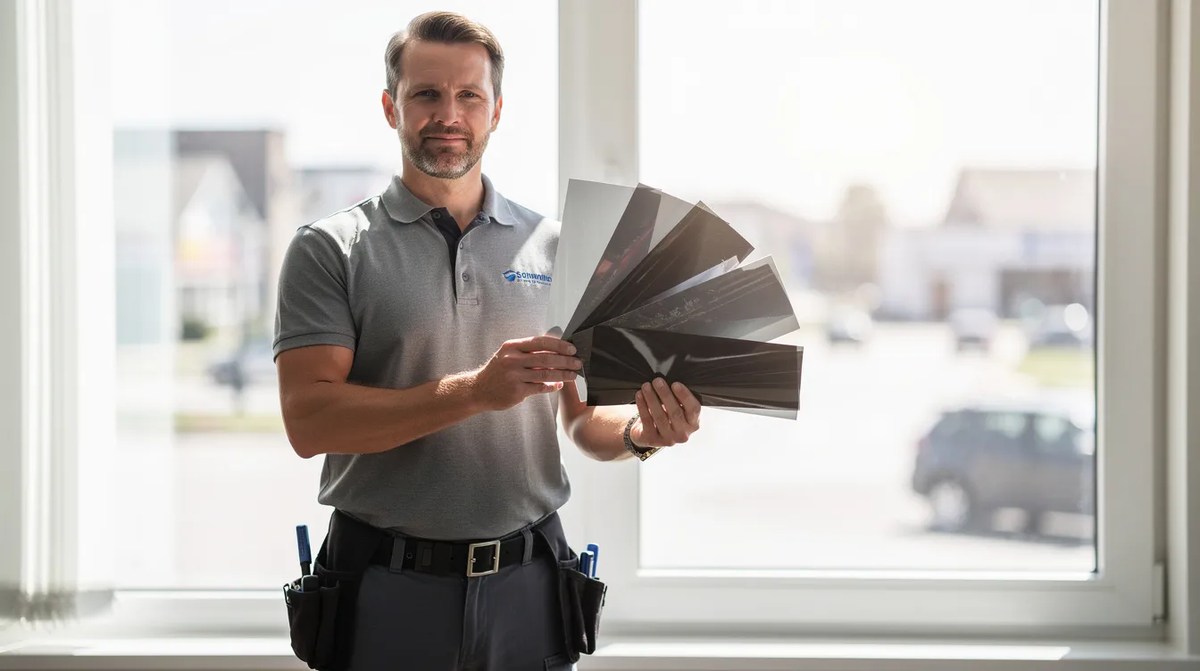 A technician holding a variety of window film samples in front of a bright window to showcase the different colors and patterns. Search "window film near me" to learn more