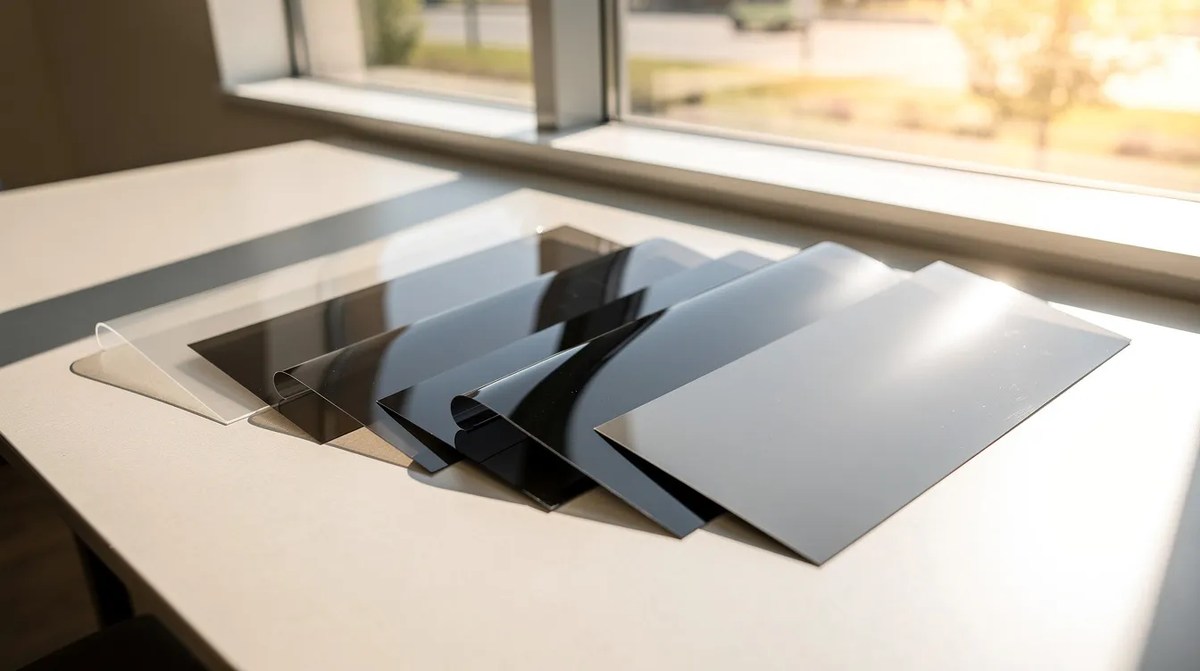 Various shades of window tint film samples arranged neatly on a table.