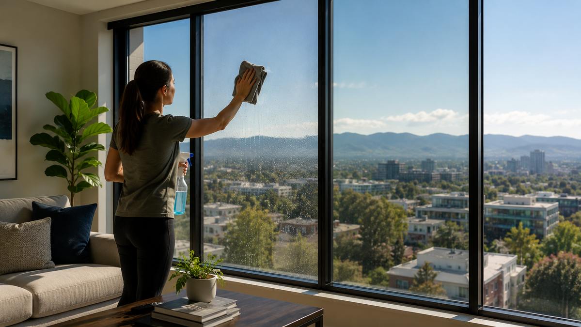 A woman cleaning her living room windows which are fitted with security film.