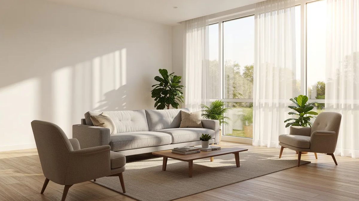 A bright living room with large sun-facing windows that fill the space with soft natural light, highlighting comfortable furniture and hardwood floors. This inviting area could benefit from residential tint to reduce glare, enhance energy efficiency, and protect against harmful UV rays while maintaining its stylish ambiance.