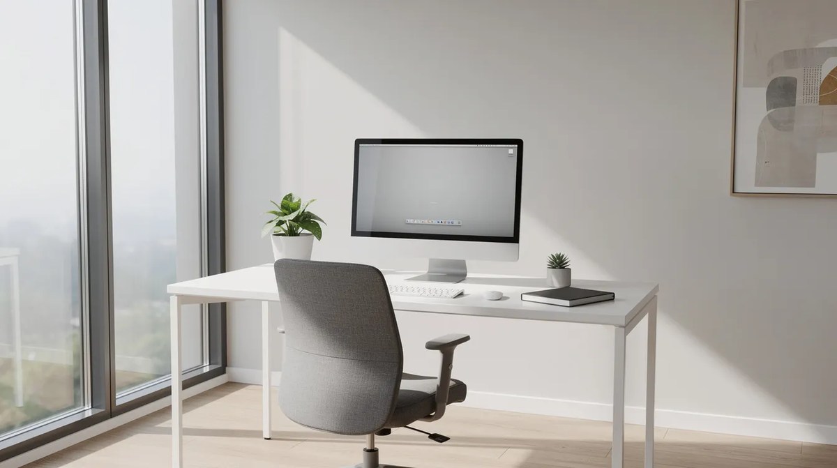 A modern home office with a large window that allows natural light to fill the room. The window could benefit from residential window film for enhanced energy efficiency and glare reduction, ensuring a comfortable workspace.
