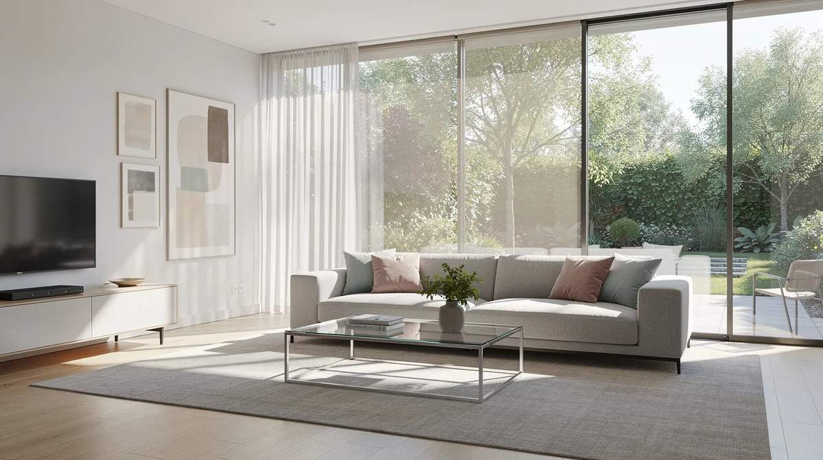 A bright living room's large floor-to-ceiling windows with lightly tinted glass that allows natural light to stream in while providing UV protection and glare reduction. Window tinting for home provides energy efficiency, comfort, and UV protection.