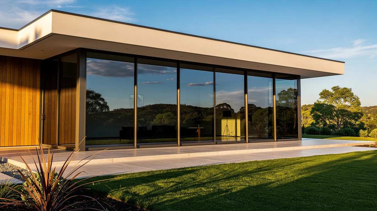 A modern home with sleek tinted windows that reflect the surrounding landscape, enhancing its aesthetic appeal. The residential window tinting not only adds style, but also offers benefits like glare reduction and UV protection, contributing to energy efficiency and lower energy costs.