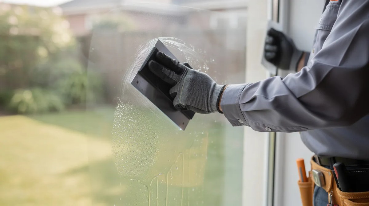 A professional applying high-quality residential tint to a large window pane with a squeegee. This installation not only enhances energy efficiency by reducing glare and blocking harmful UV rays, but also allows natural light to filter into the room.